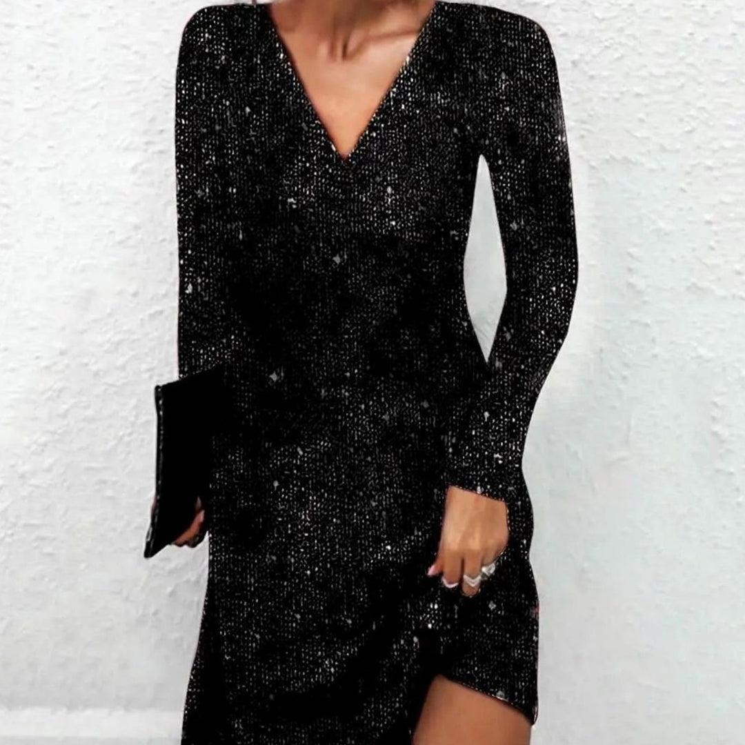 Women's Long-Sleeve V-Neck Sequin Christmas Party Mini Dress