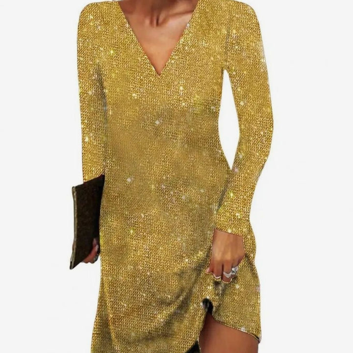 Women's Long-Sleeve V-Neck Sequin Christmas Party Mini Dress - Yellow