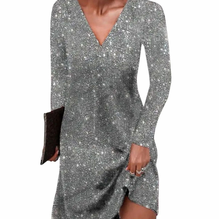 Women's Long-Sleeve V-Neck Sequin Christmas Party Mini Dress - Silver Grey