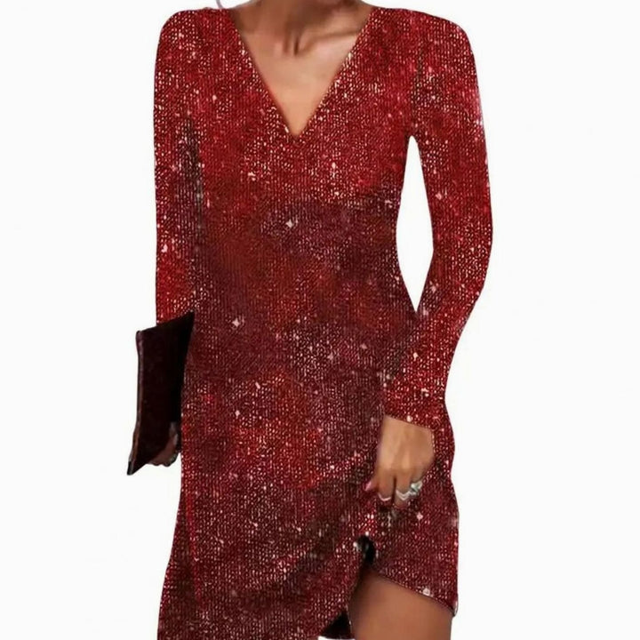 Women's Long-Sleeve V-Neck Sequin Christmas Party Mini Dress - Red