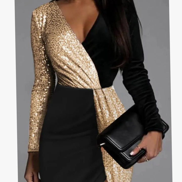 Women's Long-Sleeve V-Neck Sequin Colorblock Christmas Party Dress