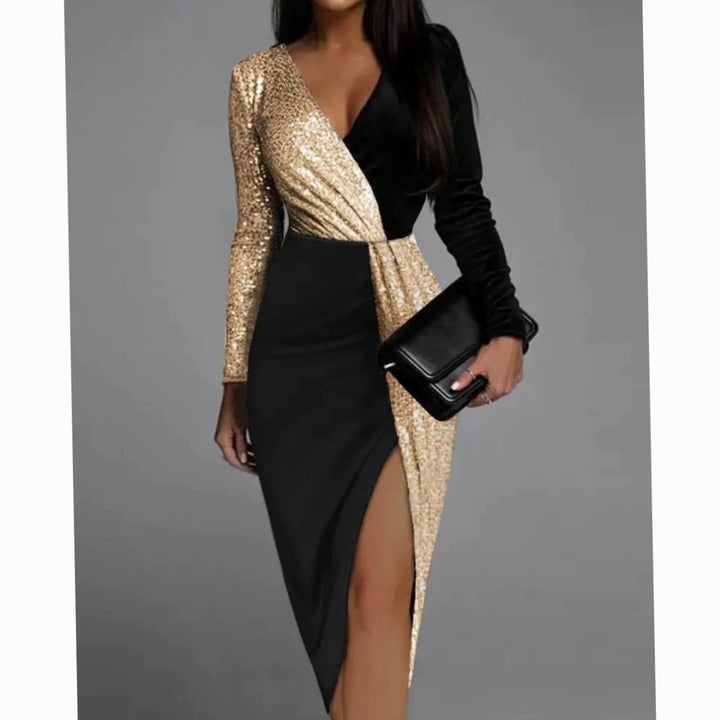 Women's Long-Sleeve V-Neck Sequin Colorblock Christmas Party Dress - Black