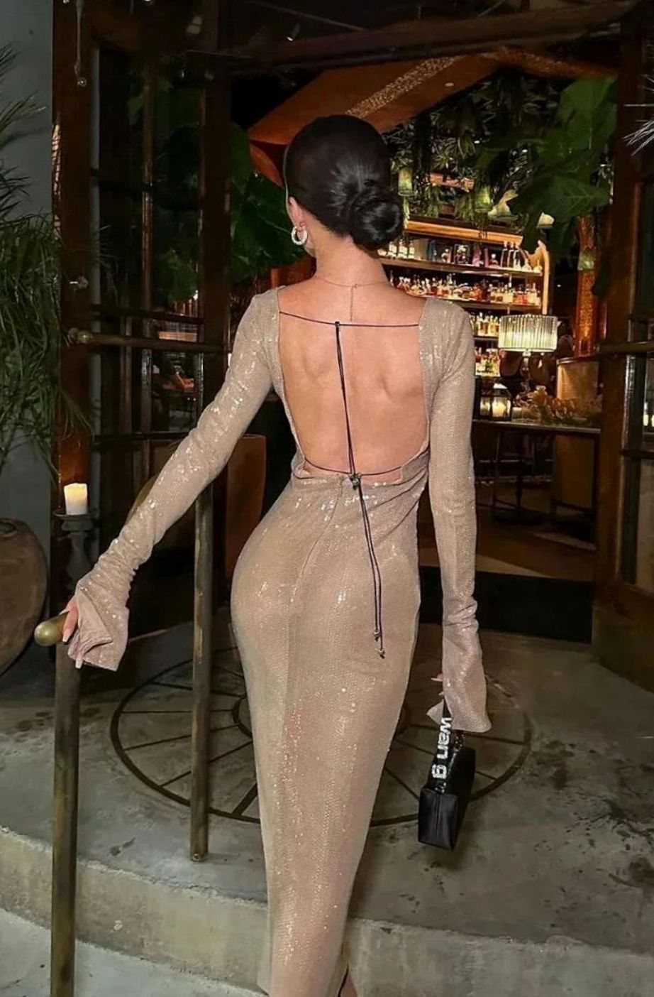 Women's Long-Sleeve V-Neck Sequin Maxi Dress