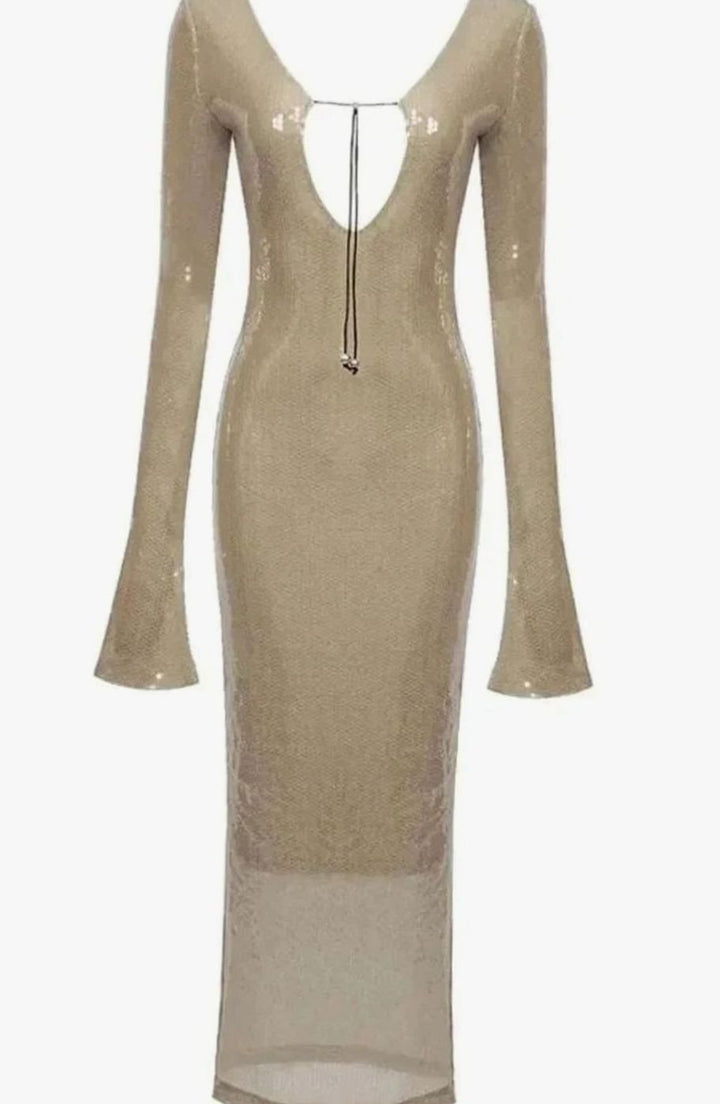 Women's Long-Sleeve V-Neck Sequin Maxi Dress