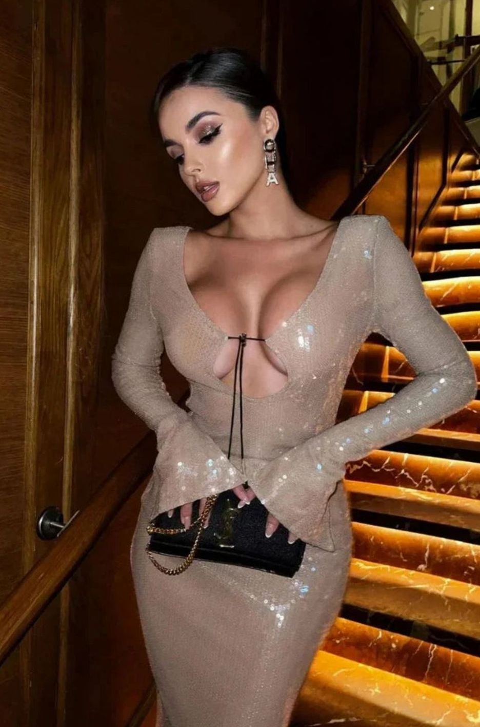 Women's Long-Sleeve V-Neck Sequin Maxi Dress