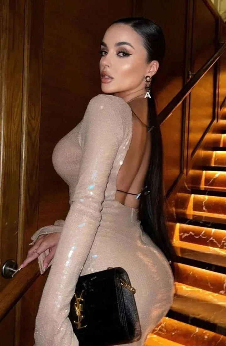 Women's Long-Sleeve V-Neck Sequin Maxi Dress