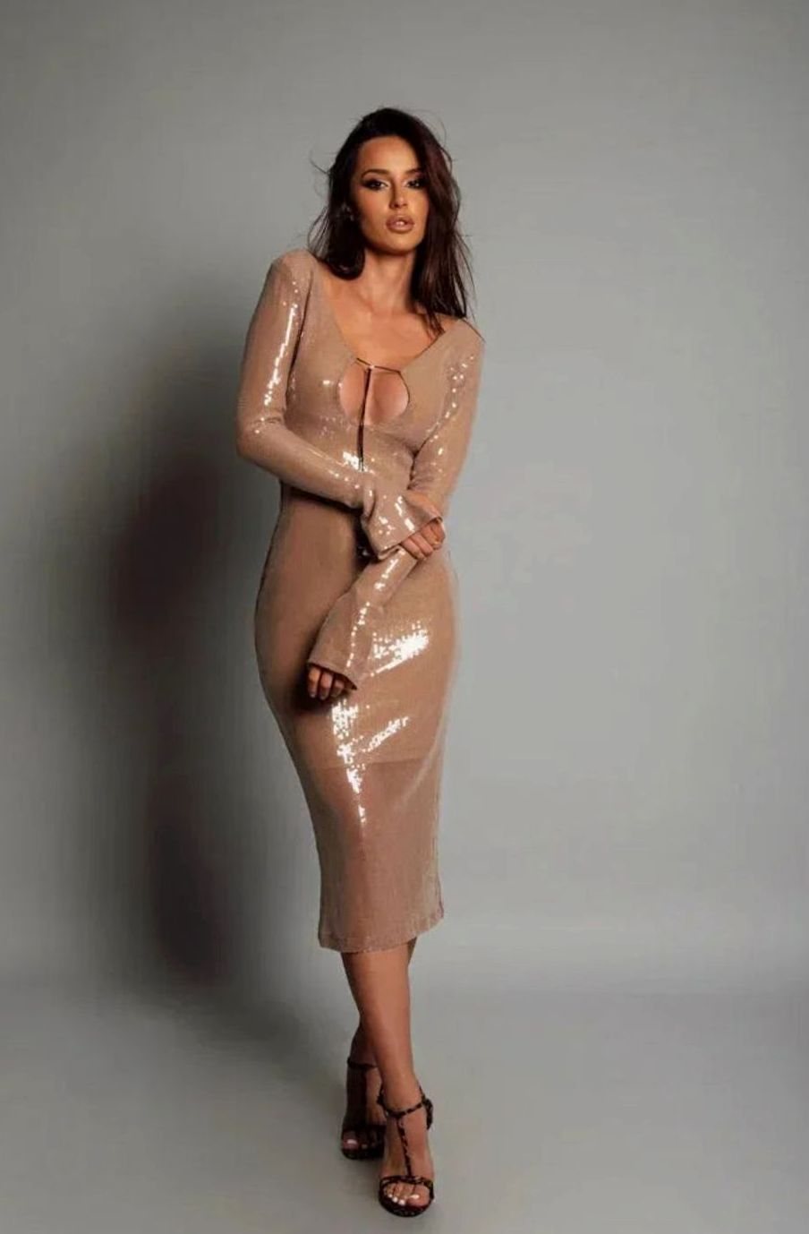 Women's Long-Sleeve V-Neck Sequin Maxi Dress