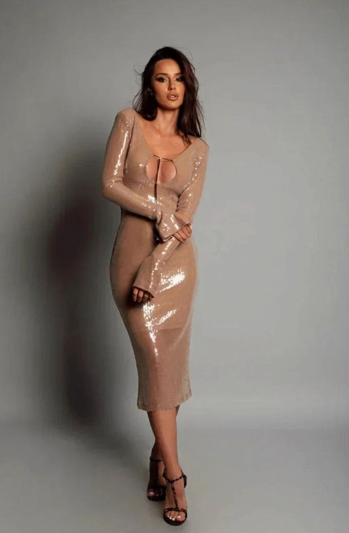 Women's Long-Sleeve V-Neck Sequin Maxi Dress
