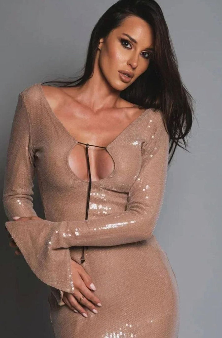 Women's Long-Sleeve V-Neck Sequin Maxi Dress