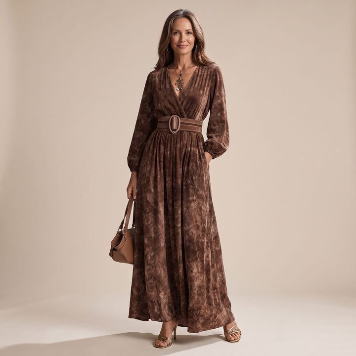 Women's Long Sleeve Velvet Maxi Dress V-Neck Belted - Chocolate