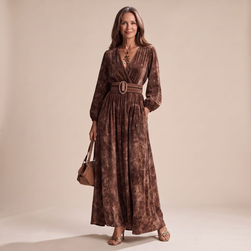 Women's Long Sleeve Velvet Maxi Dress V-Neck Belted