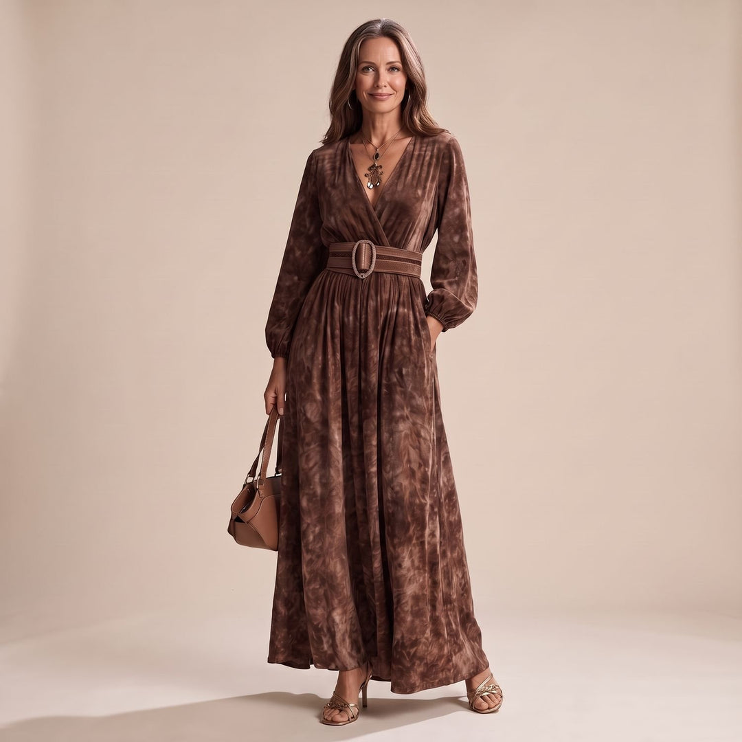 Women's Long Sleeve Velvet Maxi Dress V-Neck Belted