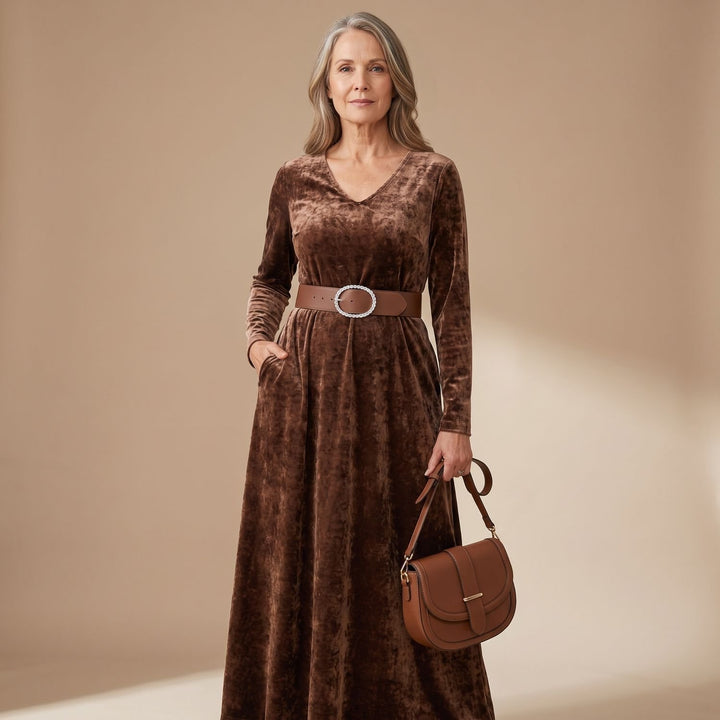 Women's Long Sleeve Velvet Maxi Dress V-Neck Belted