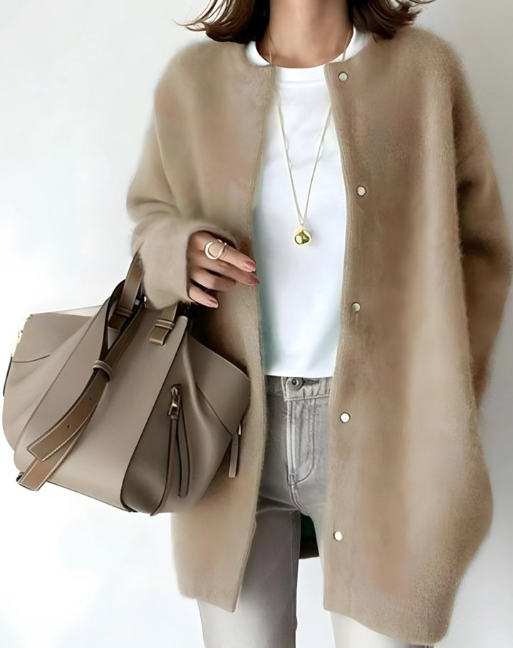 Women's Longline Crew Neck Snap-Button Cardigan - Beige