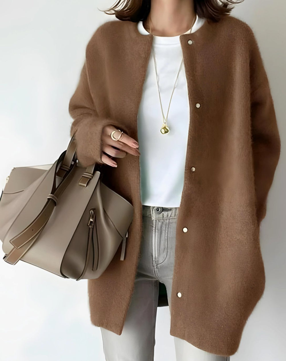 Women's Longline Crew Neck Snap-Button Cardigan - Brown