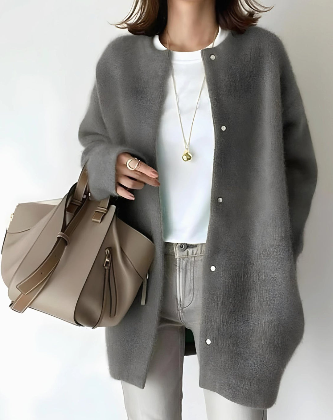 Women's Longline Crew Neck Snap-Button Cardigan - Dark Brown