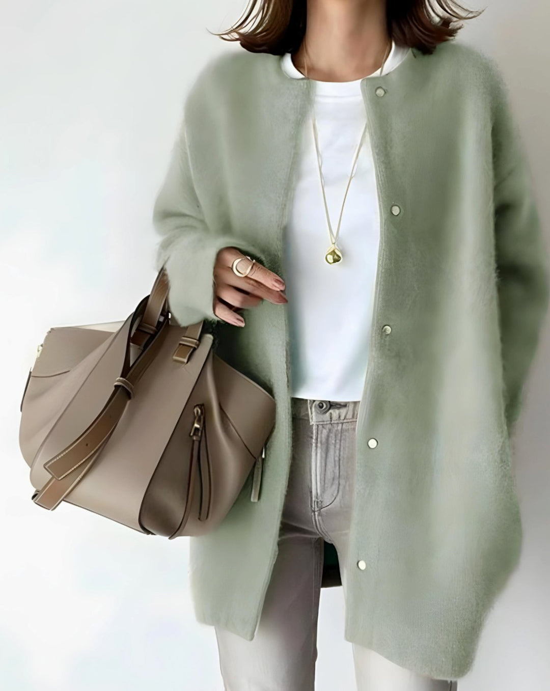 Women's Longline Crew Neck Snap-Button Cardigan - Green