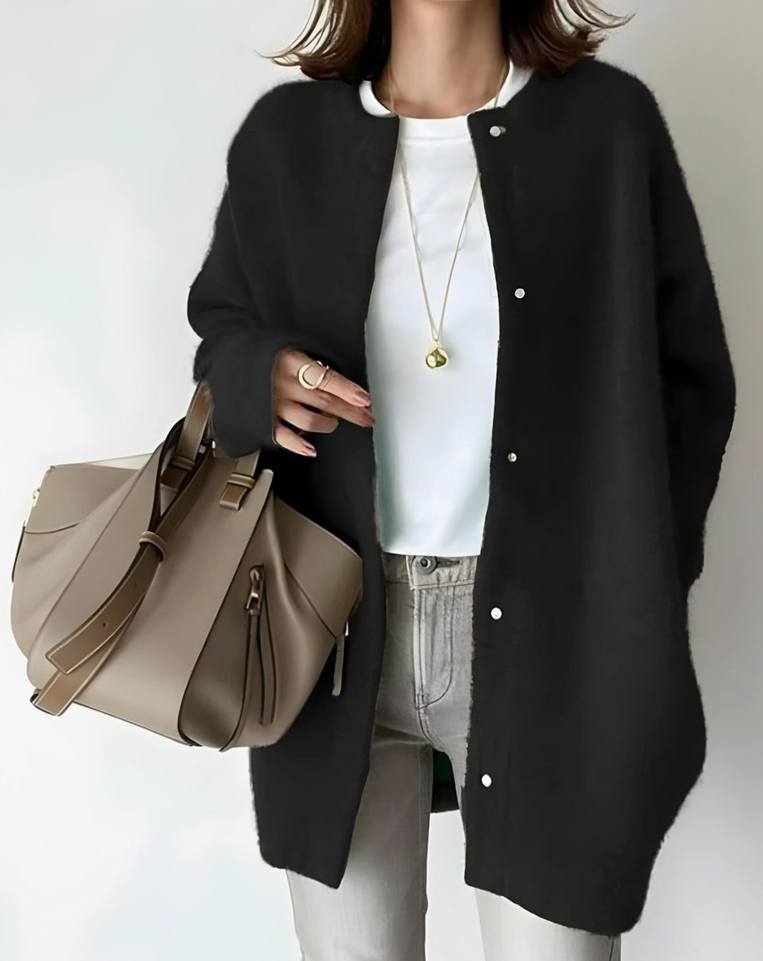 Women's Longline Crew Neck Snap-Button Cardigan - Black