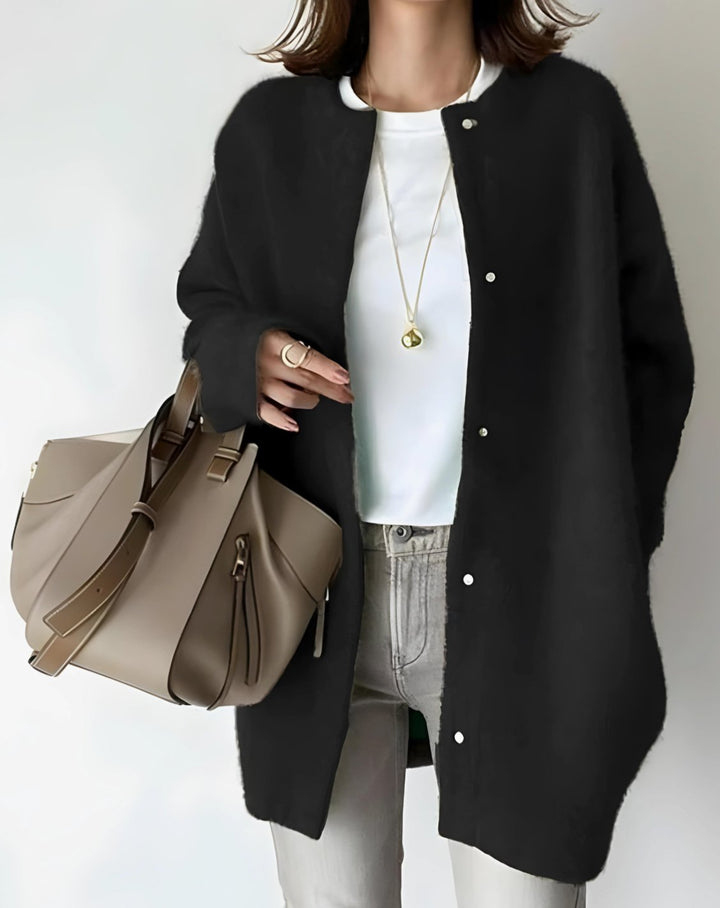 Women's Longline Crew Neck Snap-Button Cardigan - Black