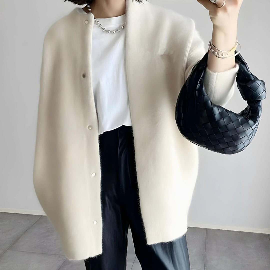 Women's Longline Crew Neck Snap-Button Cardigan - White