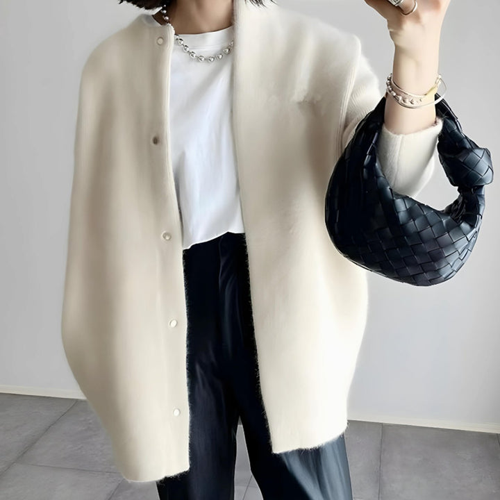 Women's Longline Crew Neck Snap-Button Cardigan - White