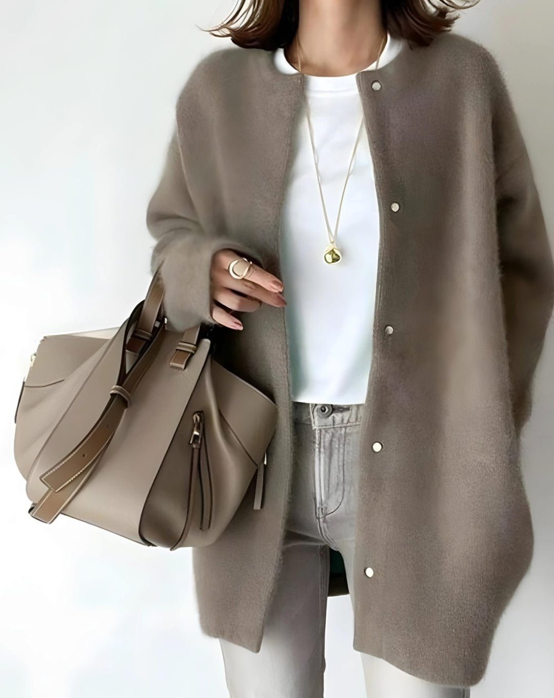 Women's Longline Crew Neck Snap-Button Cardigan