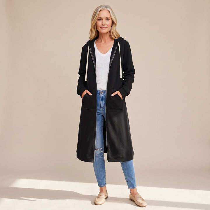 Women's Longline Hooded Full-Zip Oversized Cardigan Sweater - Black