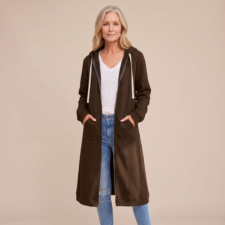 Women's Longline Hooded Full-Zip Oversized Cardigan Sweater - Brown