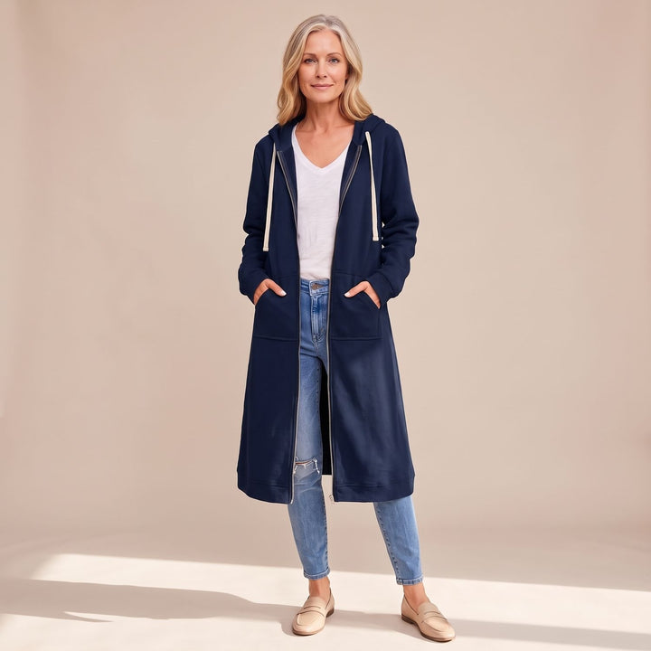 Women's Longline Hooded Full-Zip Oversized Cardigan Sweater - Navy