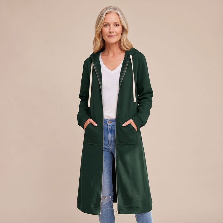Women's Longline Hooded Full-Zip Oversized Cardigan Sweater - Dark Green