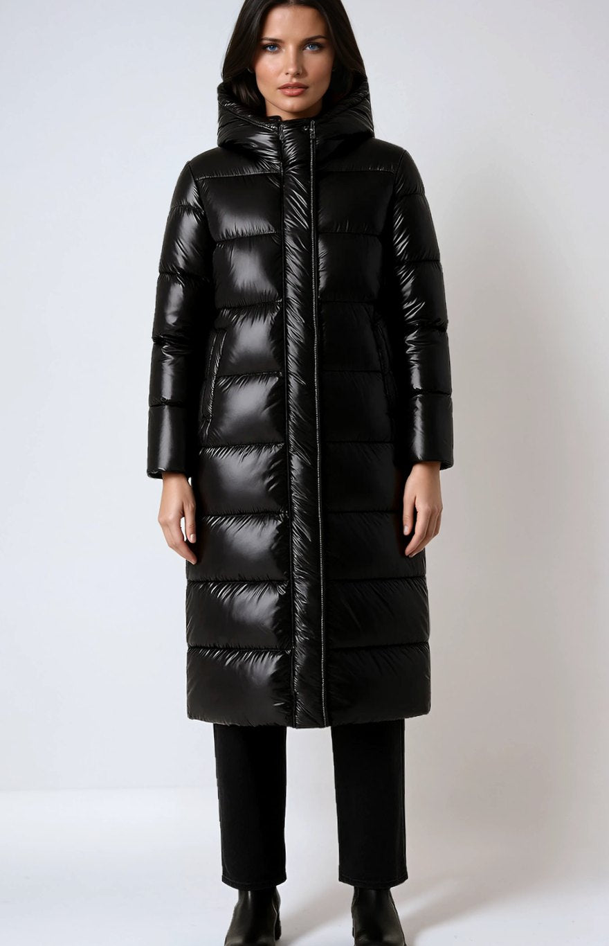Women's Longline Quilted Hooded Puffer Jacket - Black
