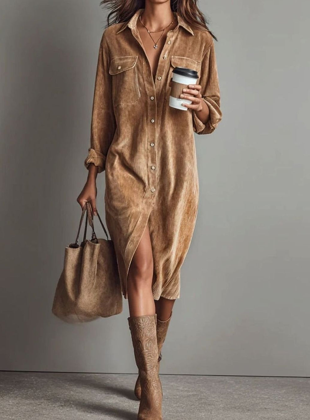Women's Loose-Fit Long Sleeve Corduroy Midi Shirt Dress - Brown