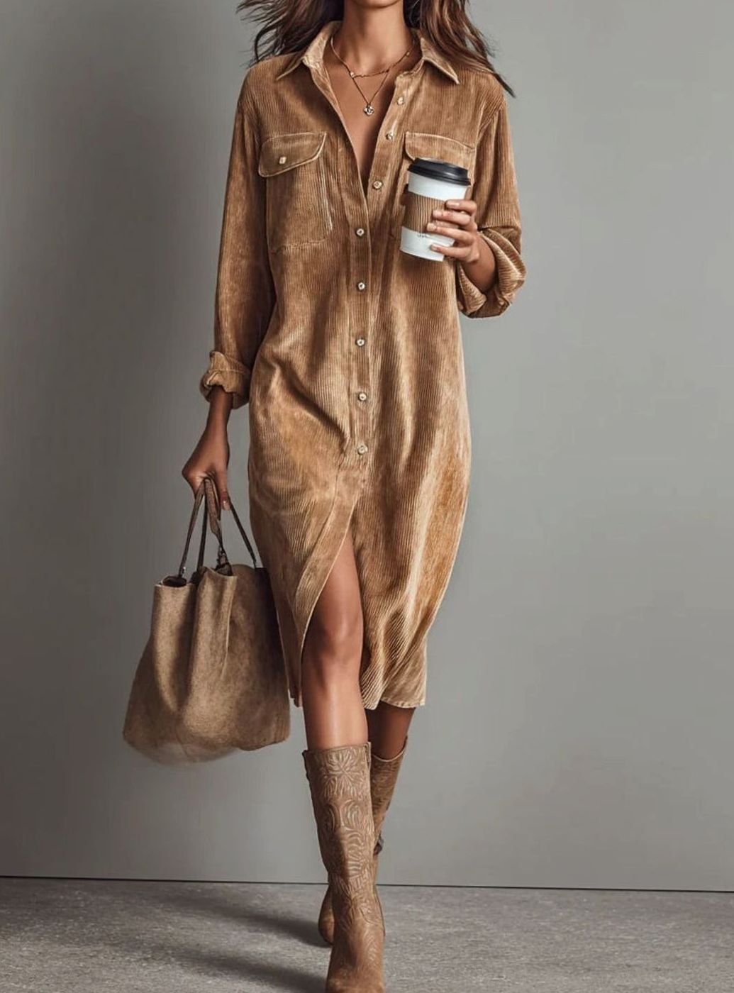 Women's Loose-Fit Long Sleeve Corduroy Midi Shirt Dress - Brown
