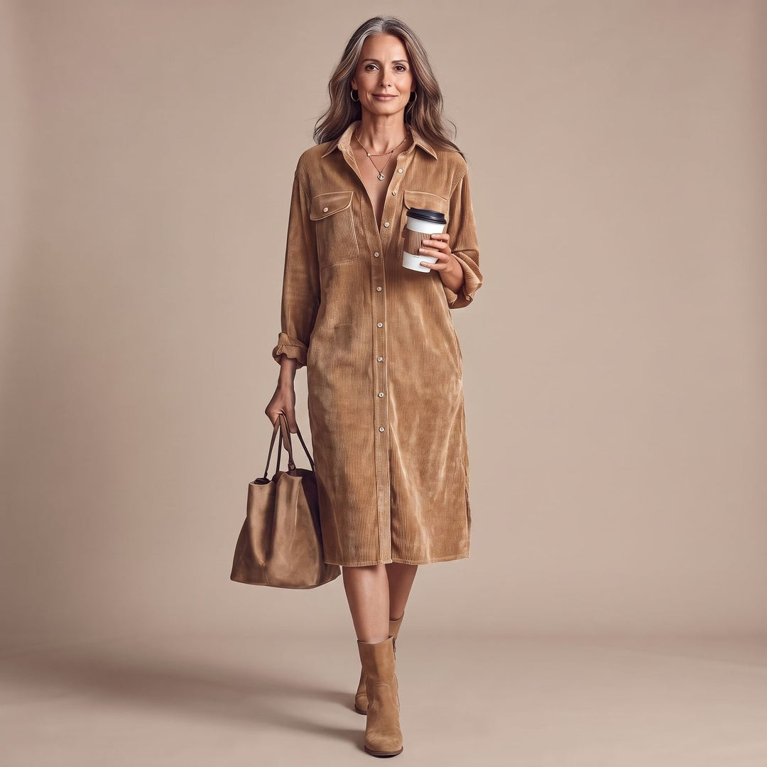 Women's Loose-Fit Long Sleeve Corduroy Midi Shirt Dress