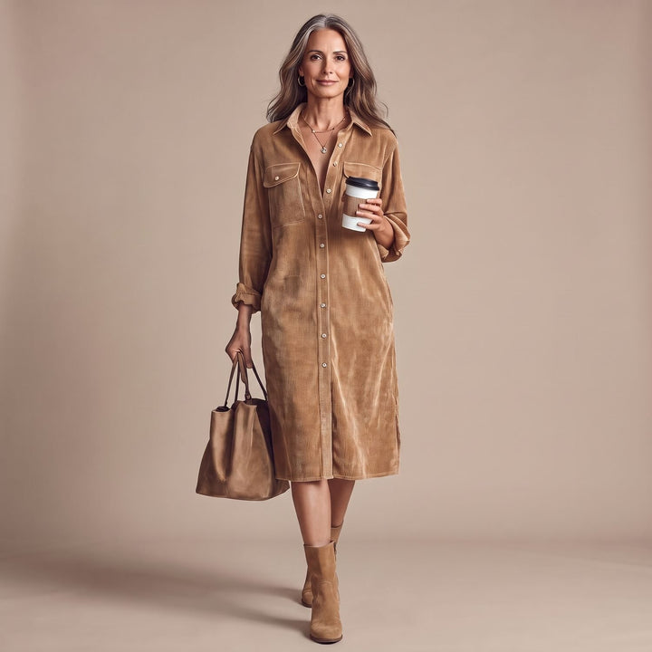Women's Loose-Fit Long Sleeve Corduroy Midi Shirt Dress