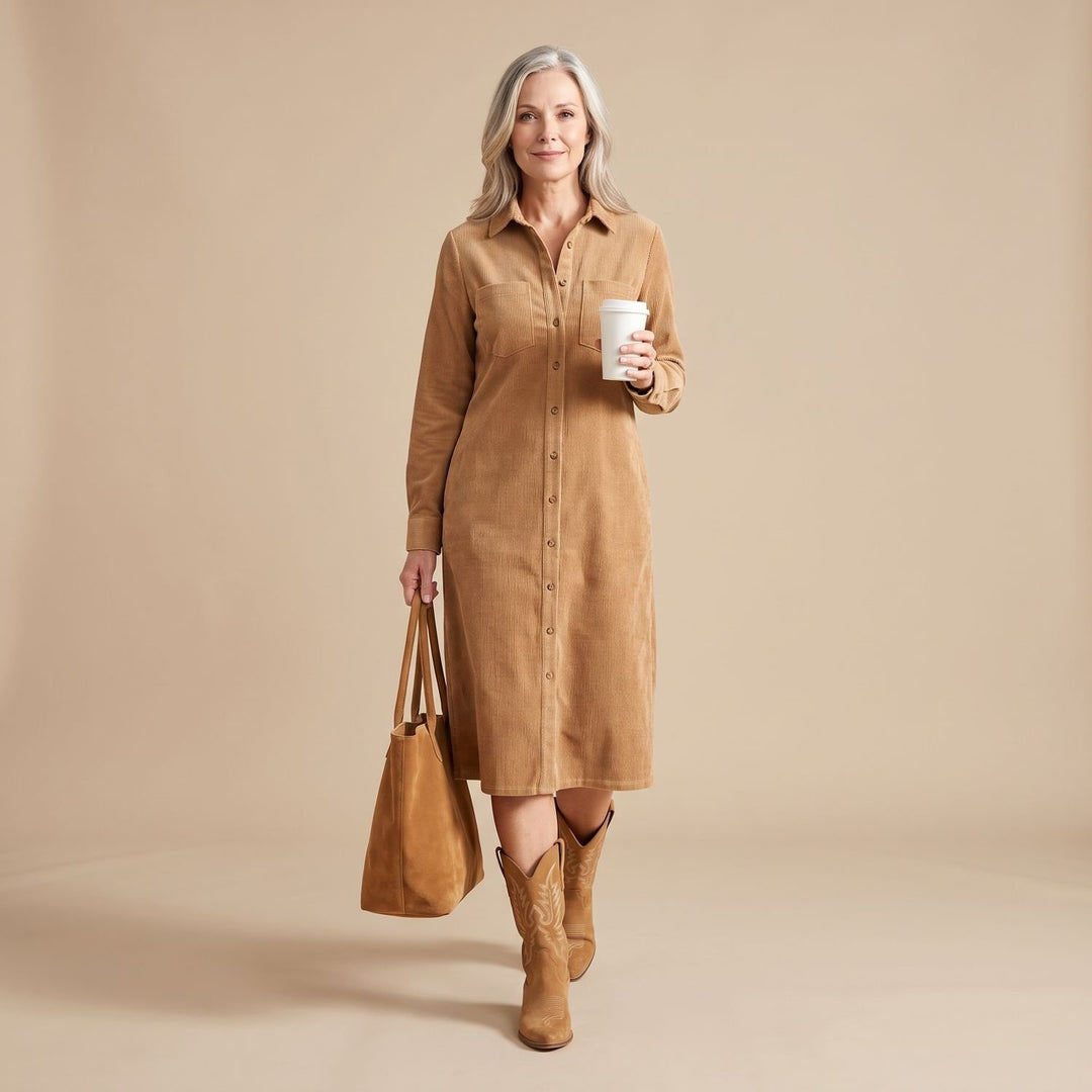 Women's Loose-Fit Long Sleeve Corduroy Midi Shirt Dress