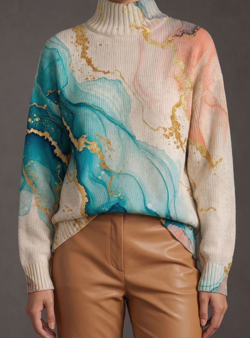 Women's Marble Print Relaxed-Fit Turtleneck Sweater