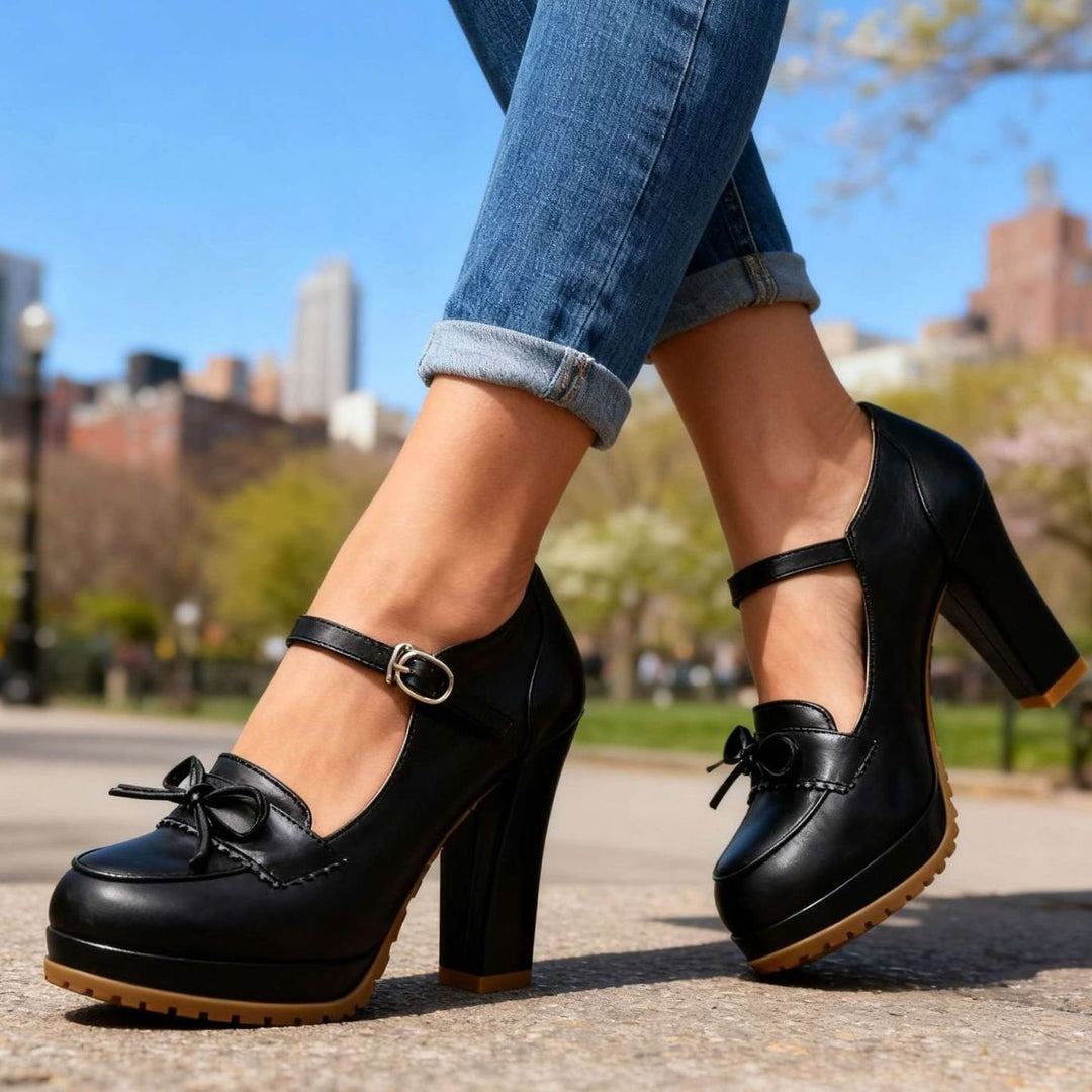 Women's Mary Jane Heels Bow-Tie Platform Pumps Ankle Strap