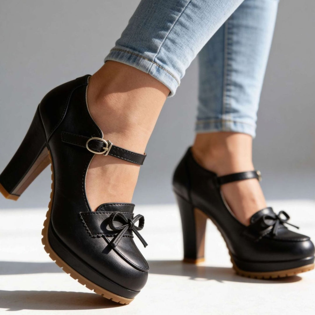 Women's Mary Jane Heels Bow-Tie Platform Pumps Ankle Strap - Black
