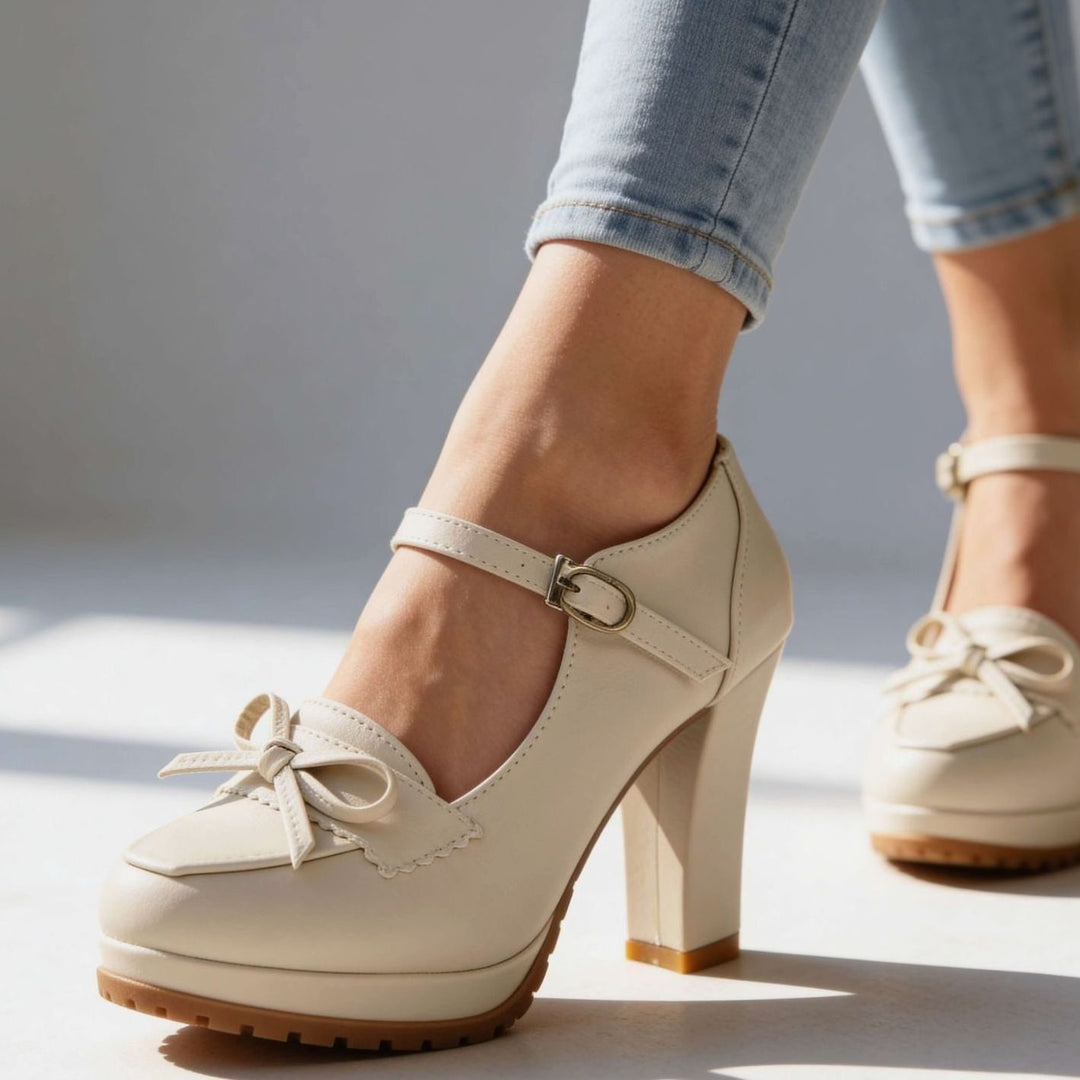 Women's Mary Jane Heels Bow-Tie Platform Pumps Ankle Strap - Cream
