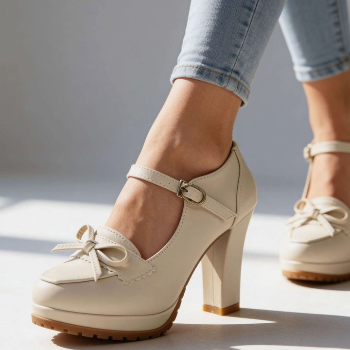 Women's Mary Jane Heels Bow-Tie Platform Pumps Ankle Strap - Cream