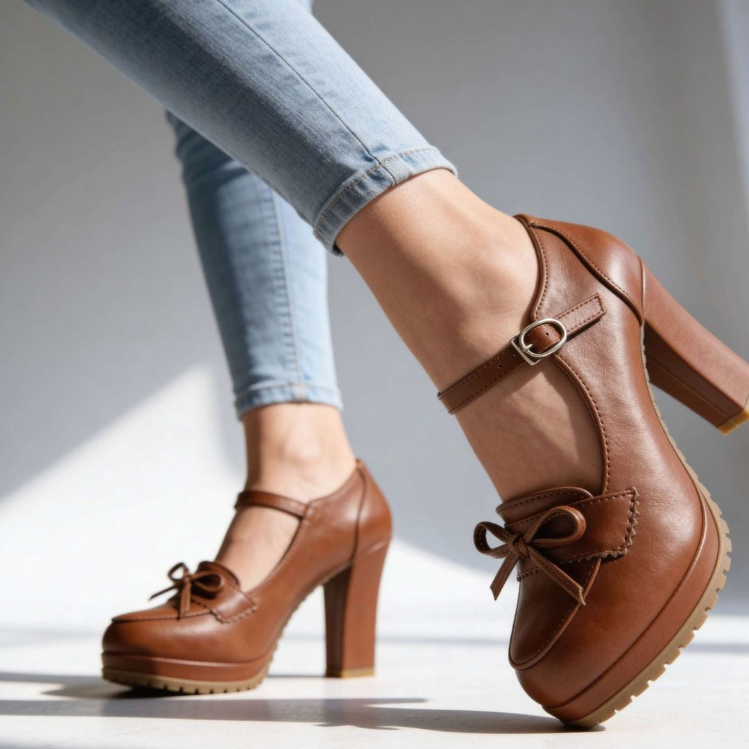 Women's Mary Jane Heels Bow-Tie Platform Pumps Ankle Strap - Brown