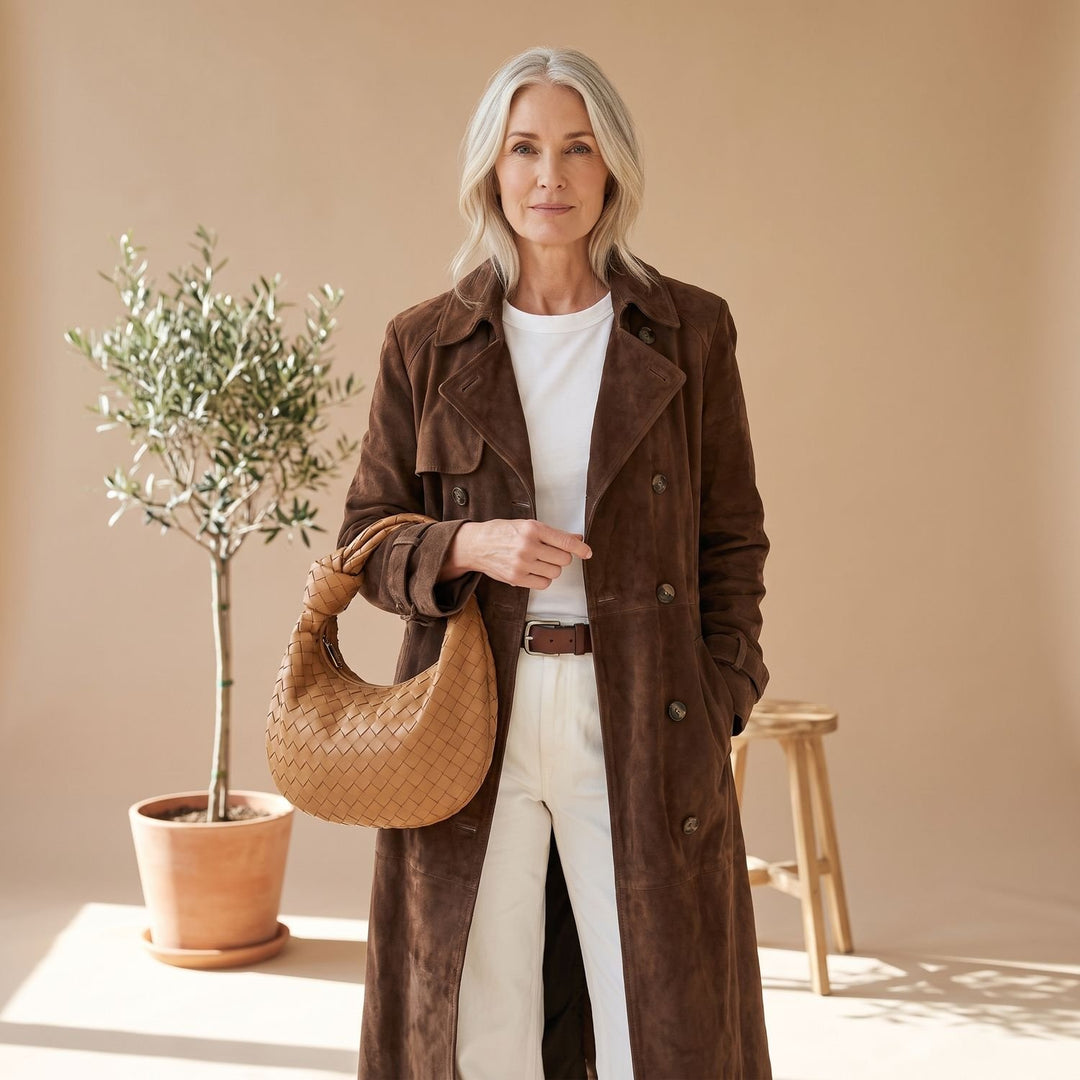 Women's Maxi Double-Breasted Belted Vegan Suede Trench Coat - Brown