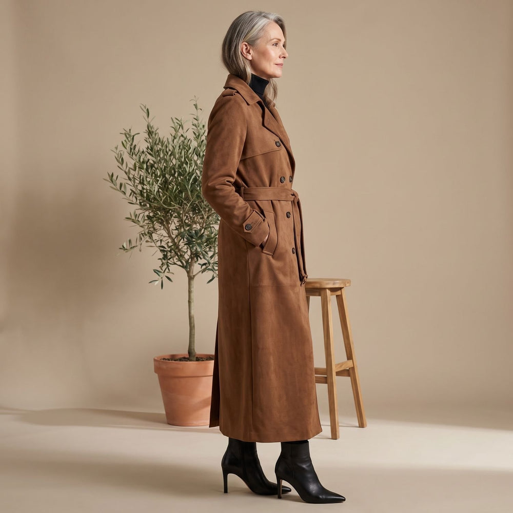 Women's Maxi Double-Breasted Belted Vegan Suede Trench Coat