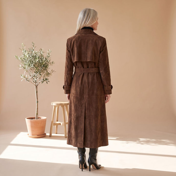 Women's Maxi Double-Breasted Belted Vegan Suede Trench Coat