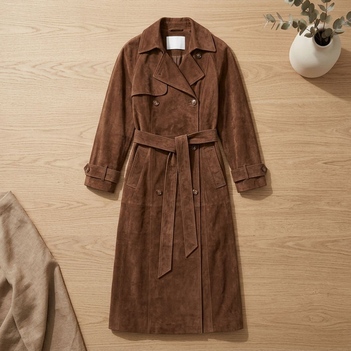 Women's Maxi Double-Breasted Belted Vegan Suede Trench Coat