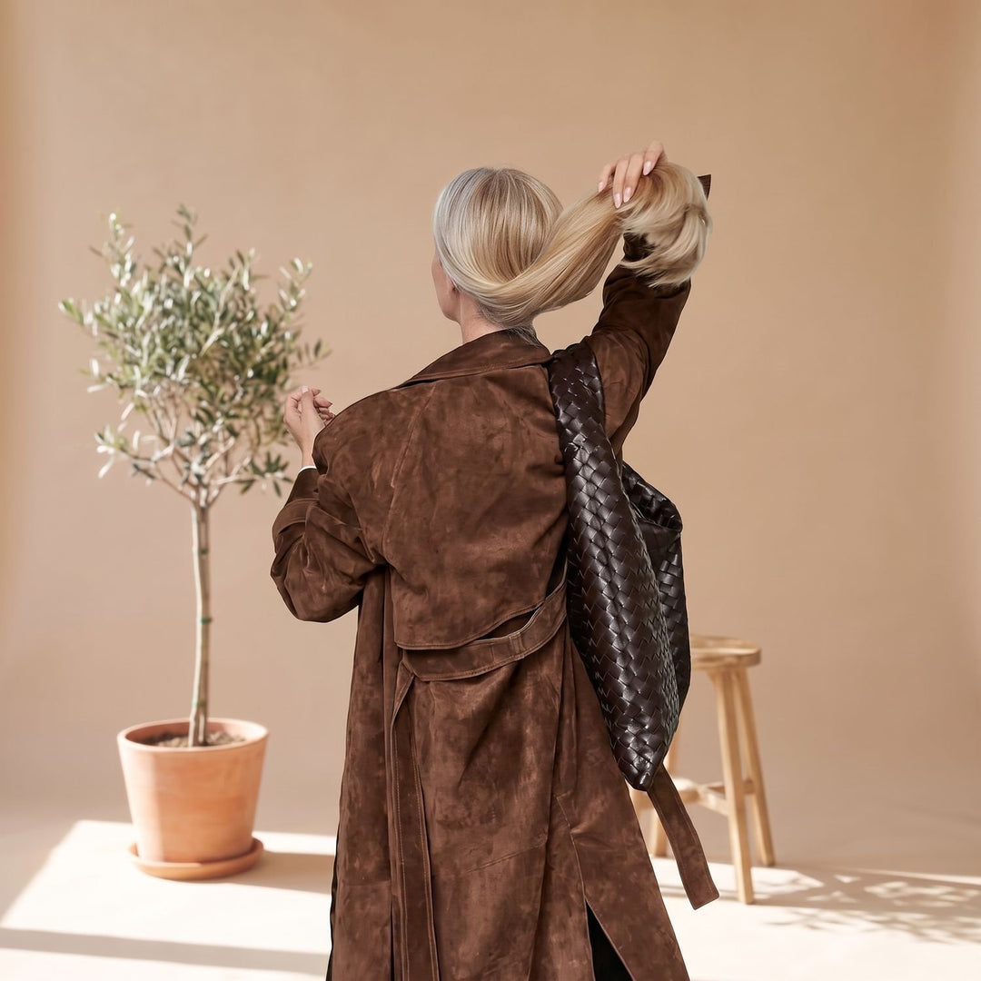 Women's Maxi Double-Breasted Belted Vegan Suede Trench Coat