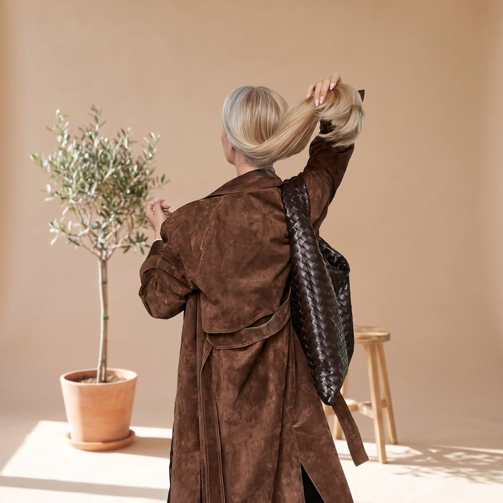 Women's Maxi Double-Breasted Belted Vegan Suede Trench Coat
