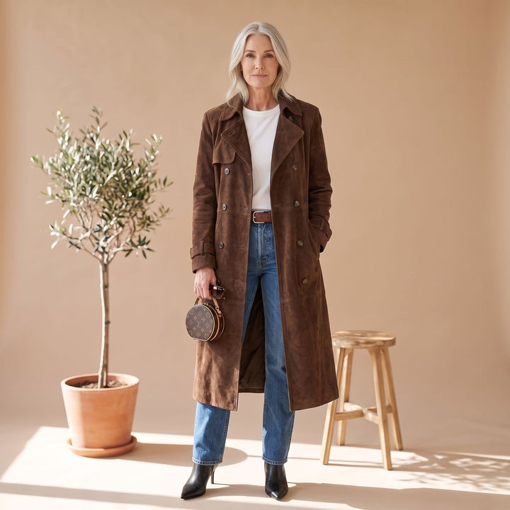 Women's Maxi Double-Breasted Belted Vegan Suede Trench Coat