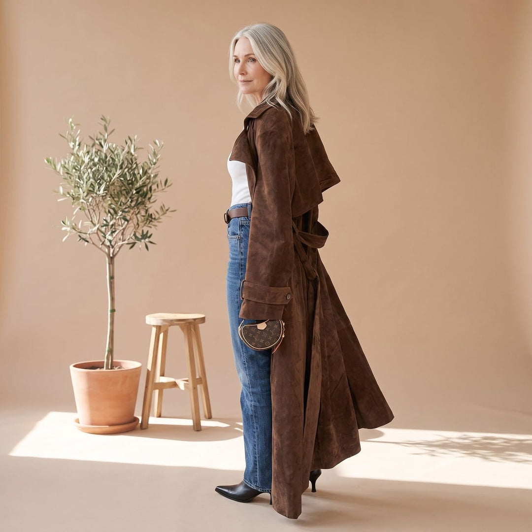 Women's Maxi Double-Breasted Belted Vegan Suede Trench Coat